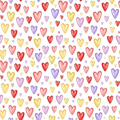 Romantic vintage pattern.  Multicolored hearts. Valentine's day and wedding watercolor hand drawn illustrations. Seamless background