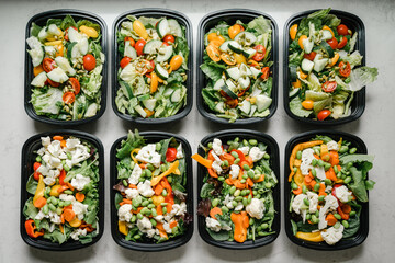 Salad containers prepped for healthy meal planning