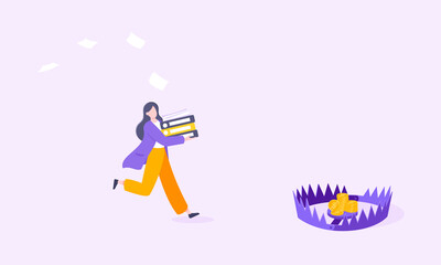 Money trap business concept. Young adult businesswoman running to catch the coin money in the steel bear trap.