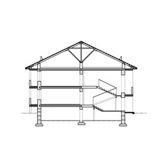 Detailed multi-storey building. Cross-section house. Vector black and white blueprint.