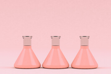 Chemistry flask on pink background filled with pink liquid