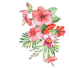bouquet of flowers on white.watercolor hibiscus