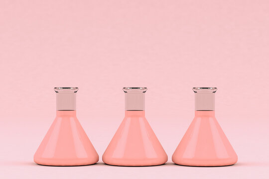 Chemistry flask on pink background filled with pink liquid