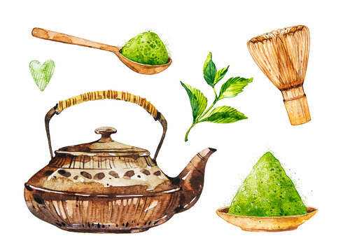 Watercolor Matcha tea. Japanese tea. Teapot, matcha powder, matcha whisk, tea leaves. Watercolor botanical hand drawn illustration.