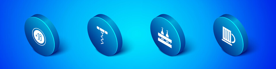 Set Isometric Alcohol 18 plus, Pack of beer bottles, Wooden mug and Wine corkscrew icon. Vector