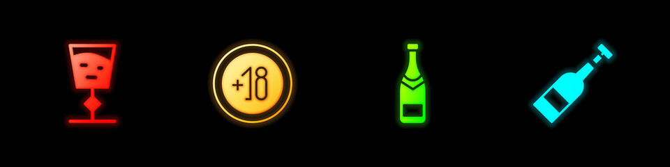 Set Wine glass, Alcohol 18 plus, Champagne bottle and Opened of wine icon. Vector