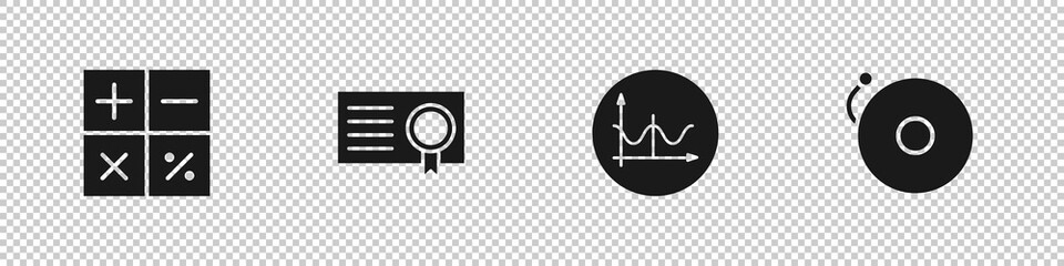Set Calculator, Certificate template, Graph, schedule, chart, diagram and Ringing alarm bell icon. Vector