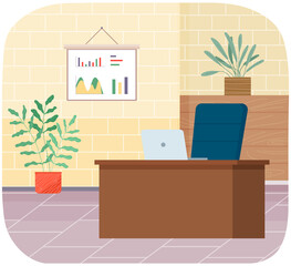 Modern workplace flat design. Office chair and office desk with stack of books in cozy room interior