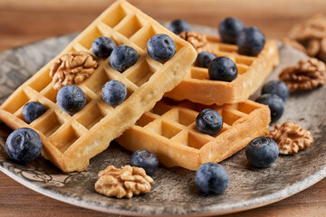 Waffles with blueberries and walnuts