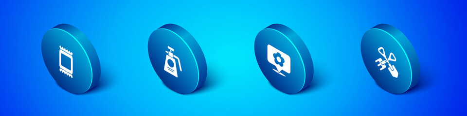 Set Isometric Fertilizer bag, Location with flower, Shovel and rake and Garden sprayer for fertilizer icon. Vector