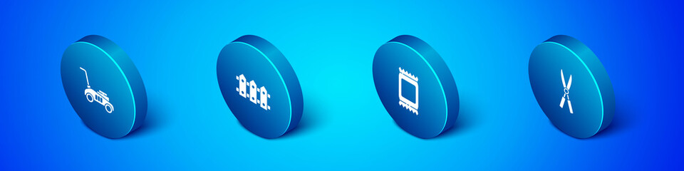 Set Isometric Lawn mower, Fertilizer bag, Gardening handmade scissors and fence wooden icon. Vector