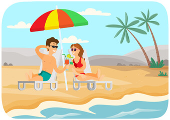 Young couple is sitting in sun loungers with cocktails and tanning. Recreation near sea concept