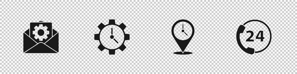 Set Envelope setting, Time Management, Location with clock and Telephone 24 hours support icon. Vector