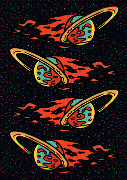 Saturn On Fire Flying In The Universe