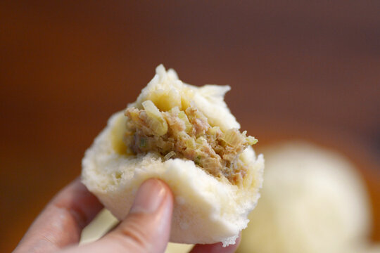 The process of making delicious buns, close-up of minced meat.