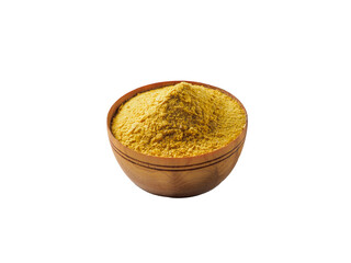 Nutritional yeast in wooden bowl isolated on white background.