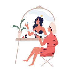 Psychological concept of high self-esteem, complacency, and narcissism. Selfish woman looking in mirror and dreaming to be beauty. Colored flat vector illustration isolated on white background