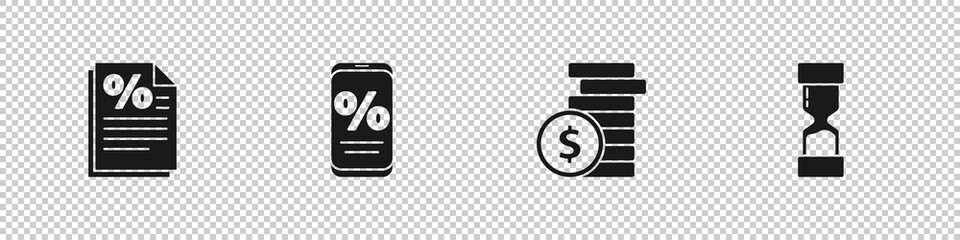 Set Finance document, Percent discount and mobile, Coin money with dollar and Old hourglass icon. Vector