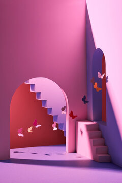 Scene with geometrical forms with butterflies on minimal background
