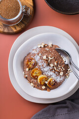 Teff grain porridge with banana topping for breakfast