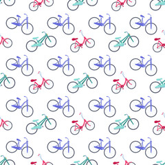 Cartoon kid bike seamless pattern for lifestyle design. Teenage bicycle - pink, blue, green.