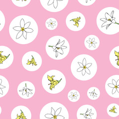 Vector pink background white yellow lemony floral seamless pattern. Daisies, Lilies. Seamless pattern background