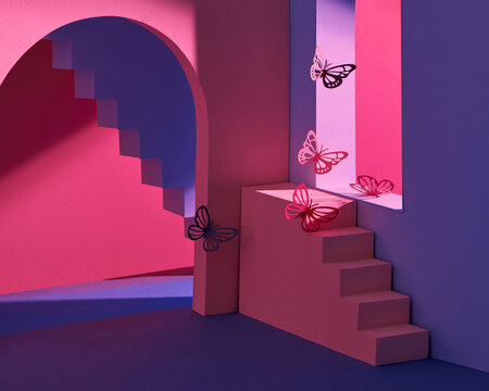 The Butterflies in architectural background of buildings with stairs and arches