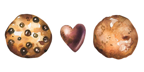 Watercolor brown cookies with chocolate hand drawn illustration. Isolated on white ideal for bakery, pastry, kitchen receipts. Cute cartoon style with sugar, sweets, calories, gluten clip art.