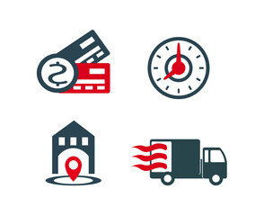 Vector illustration of a group, a set of icons, a miniature infographic in one style, delivery of goods, payment, order. Web icons. Sale.