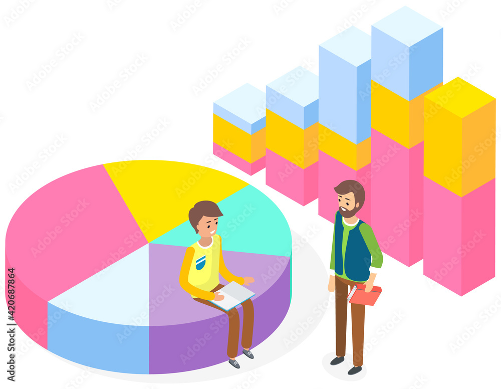 Poster information business statistics and digital indicator element. two men communicating near diagram