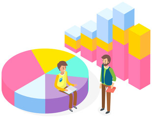 Information business statistics and digital indicator element. Two men communicating near diagram