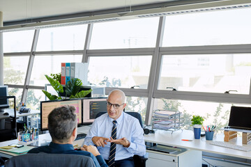 Businessman discussing with colleague in office