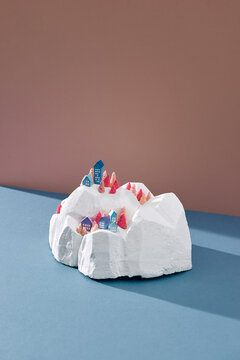 Photographs of small handmade winter objects with colorful paper and foam, ideal for Christmas, New Year and Epiphany cards