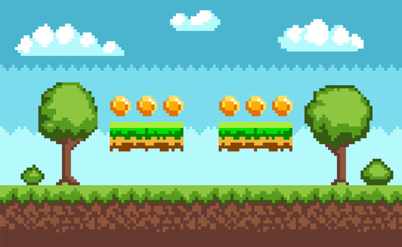 Pixel-game background with coins flying in sky. Pixel art game scene with green grass and tall trees
