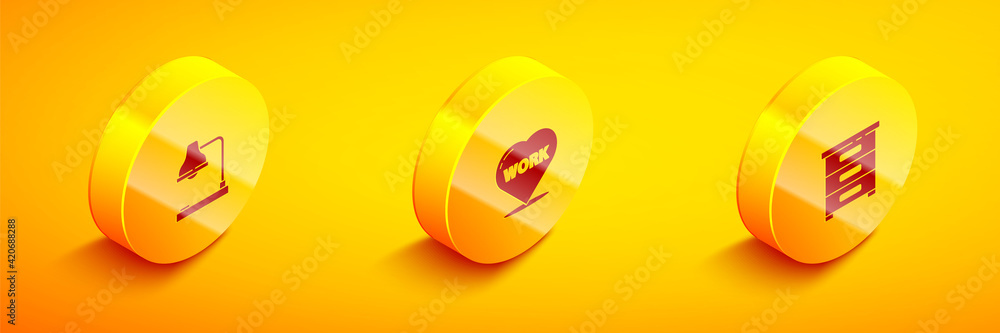Poster set isometric table lamp, heart with text work and drawer documents icon. vector