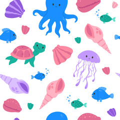 Kawaii seamless pattern with cute baby octopus, fishes and turtle. Marine life, wild ocean animals, modern trendy vector flat cartoon illustration on white background, repeat design, kids wallpaper