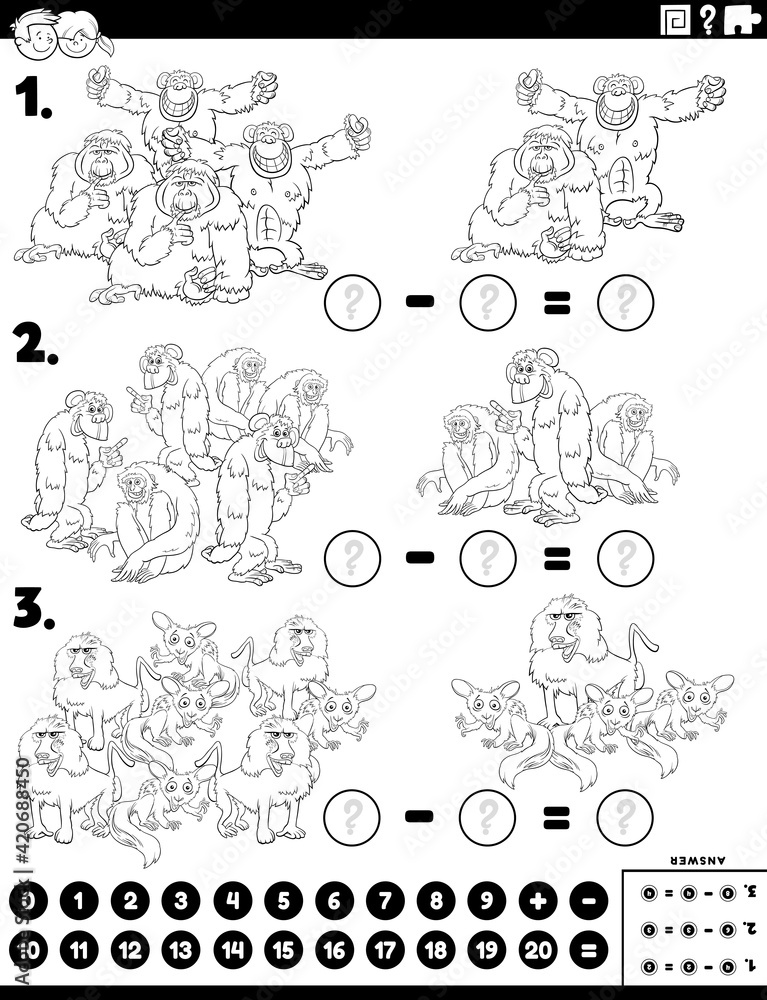 Wall mural subtraction educational task with apes and monkeys color book page