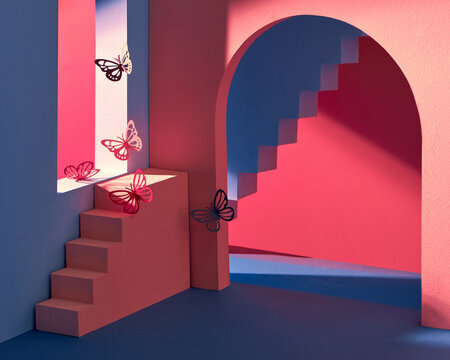 Fototapeta Staircase with steps, with butterflies on background of vintage bright room
