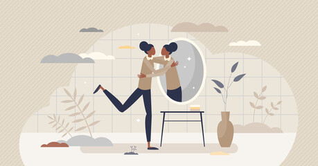 Self love hug as esteem and confidence for being woman tiny person concept