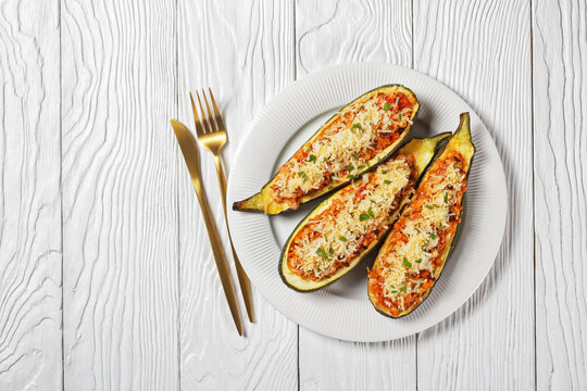 Zucchini Boats With Ground Meat, Top View