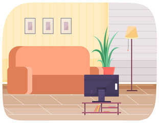 Fototapeta premium Living room design layout. Interior and arrangement of furniture in apartment vector illustration