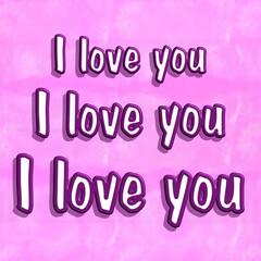 Carte carr&eacute;e avec I love you trois fois &eacute;crit en relief sur fond rose