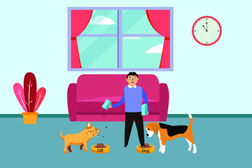 Feeding pet vector concept: Young boy giving food to his cat and dog while standing at home