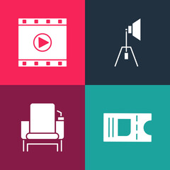 Set pop art Cinema ticket, chair, Movie spotlight and Play Video icon. Vector