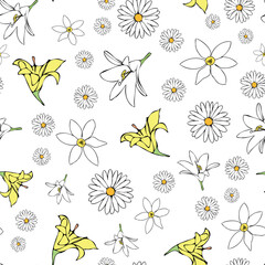 Vector white background white yellow lemony floral seamless pattern. Daisies, Lilies. Seamless pattern background