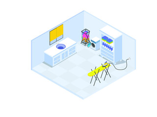 Modern simple laundry room with washing machine and iron, isometric vector concept