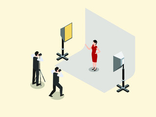 Photographer taking picture of female model in the studio. Isometric vector concepts