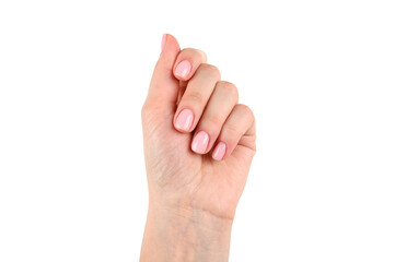 Beauty and skin care concept - female hand withpastel manicure isolated on white.