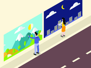 Street artist painting on the street wall. Isometric vector concepts