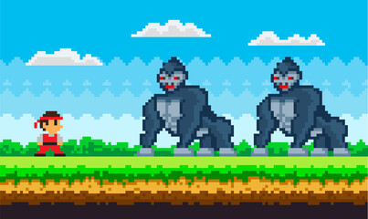 Pixel art game background with ninja warrior fighting with pixelated gorillas huge animals © robu_s